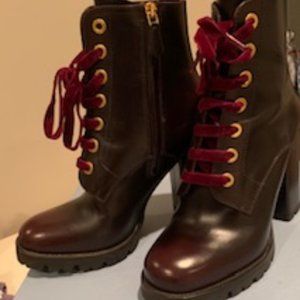 Burgundy velvet laced PRADA boots